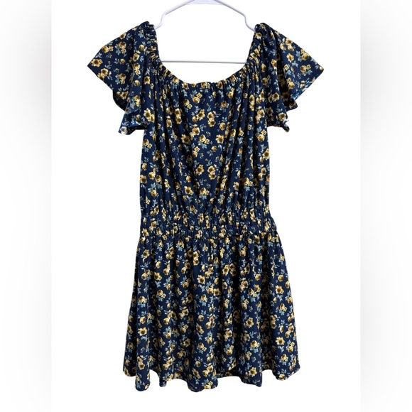 Mango Floral Off Shoulder Romper Blue Yellow Elastic Waist M - Picture 2 of 5